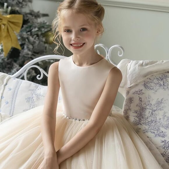 Girls Sleeveless Formal Princess Pageant Flower Girl Gown Satin/Tulle IVORY Sz 8 - Picture 5 of 8